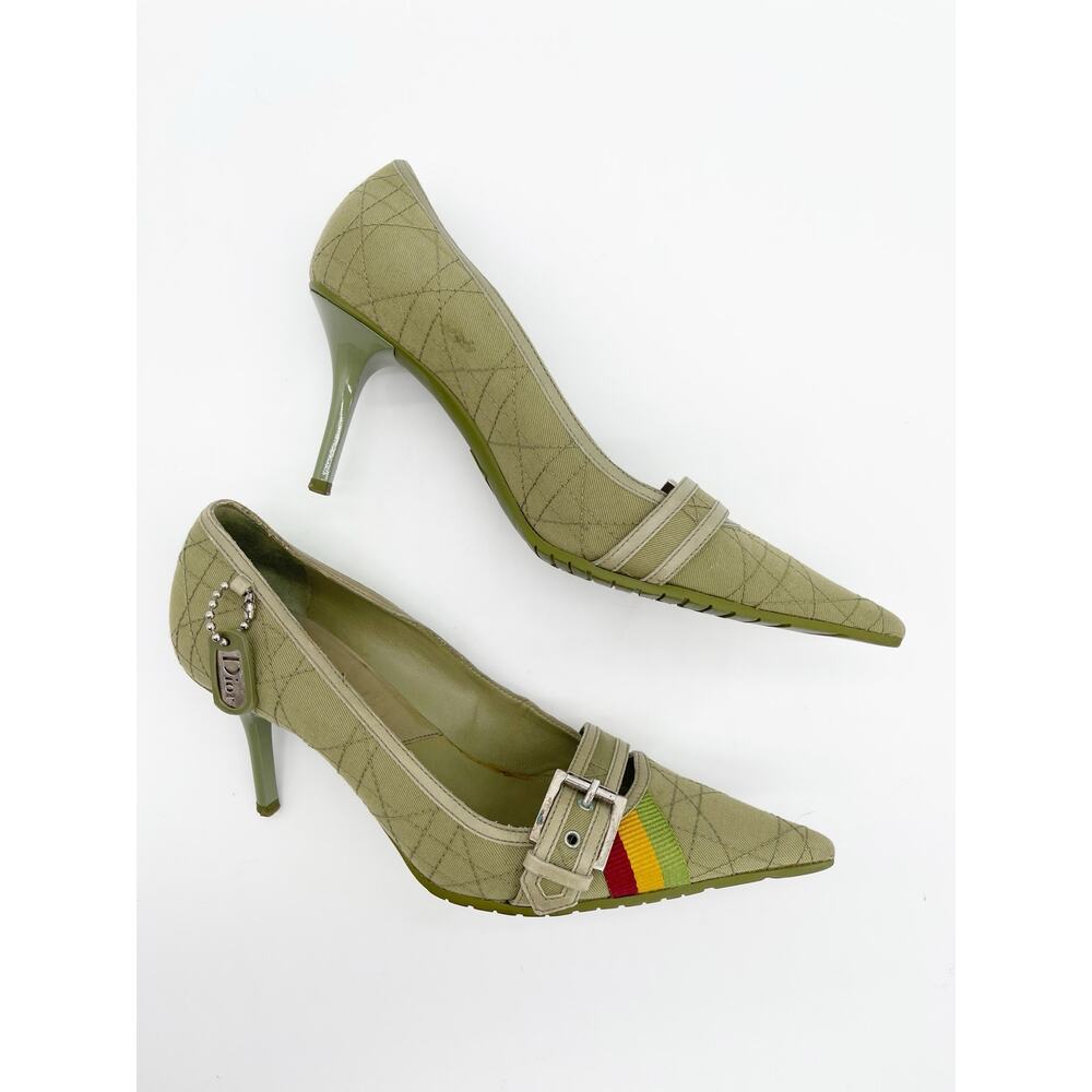 Christian Dior Vintage Green Cannage Rasta Pointed Toe Buckle Pumps Heels EU 37 - Picture 4 of 14